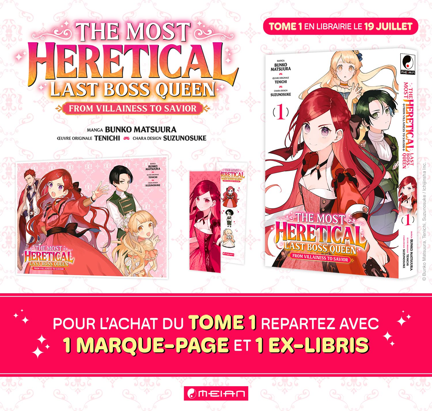 Plaquette commerciale pour la sortie tu tome 1 de The Most Heretical Last Boss Queen, éditions Meian.